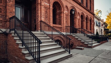 Fototapeta premium Stone steps provide access to various entrances of an old structure. Its walls are constructed from crimson brick. Black ornamental metal railings separate the stairway to the entry.
