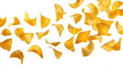 Naklejka premium Corn tortilla chips. Dropping nacho chips on a white background with clipping path. Mexican nacho chips.