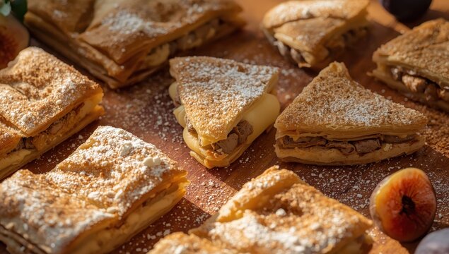 Homemade Greek pastry, bougatsa with phyllo and semolina custard, topped with sugar and cinnamon on a wooden board.