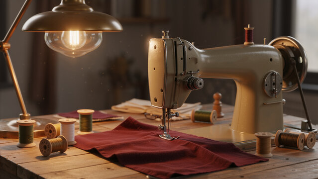 Vintage sewing machine on a wooden table with red fabric. Retro tailoring equipment and colorful thread spools. Craft and hobby concept