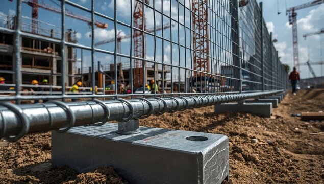 Close-up of a construction site's temporary fence. Sturdy galvanized welded wire mesh with a solid base support.