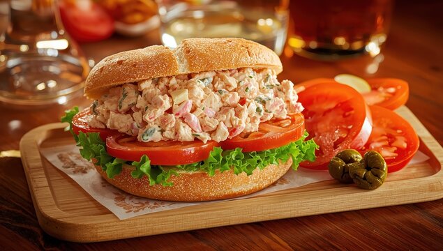 Tuna salad sandwich with lettuce and tomato on soft bread, presented on a wooden tray with pepperoncini and additional tomato slices.