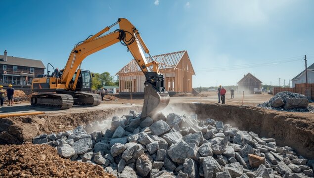 Excavators use granite rubble to level excavation irregularities for concrete foundations in construction.