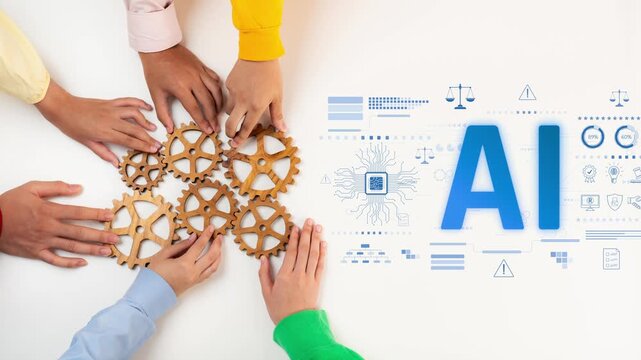 Close-up of diverse hands collaborating with gears and an AI theme, symbolizing innovation and teamwork in a modern business context aimed at achieving success. Raster
