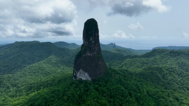 Pico C&atilde;o Grande, volcanic plug peak on S&atilde;o Tom&eacute; and Pr&iacute;ncipe, drone perspective