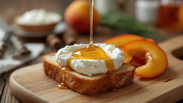 Ricotta, honey, and peach on toasted bread on a wooden board, culinary backdrop. Close-up.