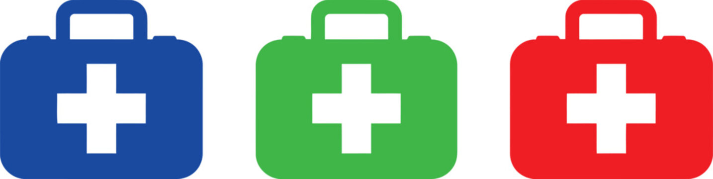Three colorful first aid kit icons in blue green and red isolated on a solid white background Vector