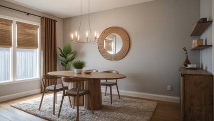 Fototapeta premium Rustic dining space featuring a round chandelier with candle bulbs, wooden mirror, four chairs, oval table, area rug, cabinet, and blinds-covered window in a modern style.