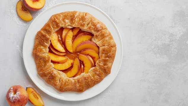 Top view of a peach galette on a white plate against a light gray background. Summer dessert.