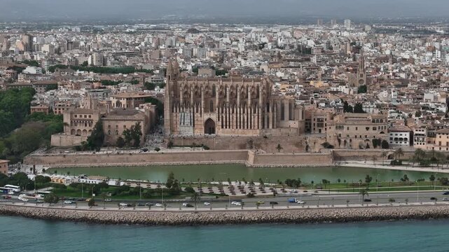 Close aerial view of Palma Cathedral overlooking the waterfront in Palma de Mallorca, on Mallorca, Spain. The footage highlights detailed Gothic architecture, historic fortifications, palm-lined prome