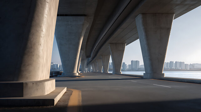Modern concrete bridge structure over water with distant city skyline during daylight, showcasing architectural strength and urban infrastructure design
