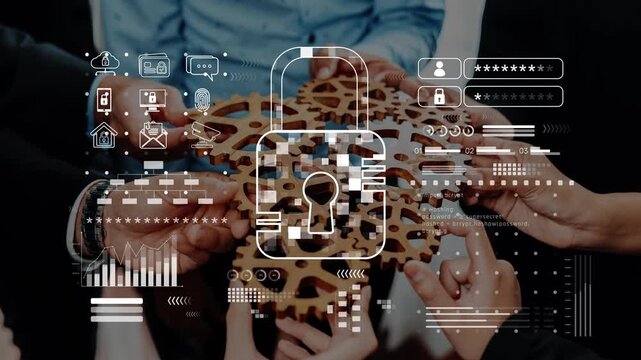 A group of professionals collaborates over a gear representing data protection, with digital security icons and lock symbols highlighting teamwork in cybersecurity efforts. Raster