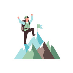 Obraz premium Adventurer celebrating on mountain summit with flag, achieving success and reaching goals.