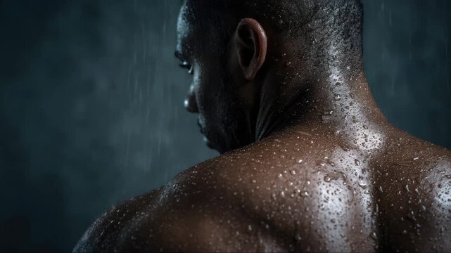 A rear view of a muscular African-American man in the shower. Drops of water run down the athletic man's wet back, a concept for showering after a gym workout