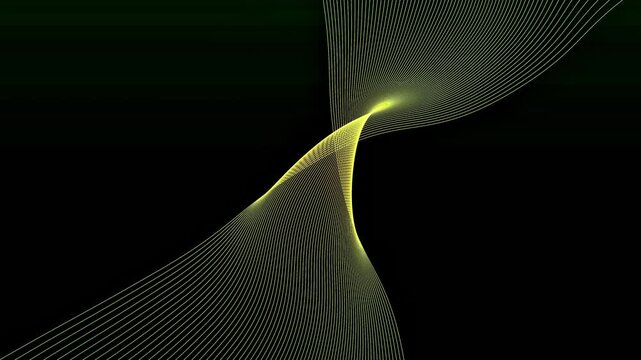 Thin green and yellow light lines twisting and revolving in a symmetrical pattern for clean technological and scientific abstract backgrounds.
