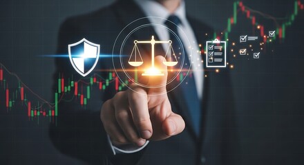 Obraz premium Businessman interacting with law and security icons on financial data background