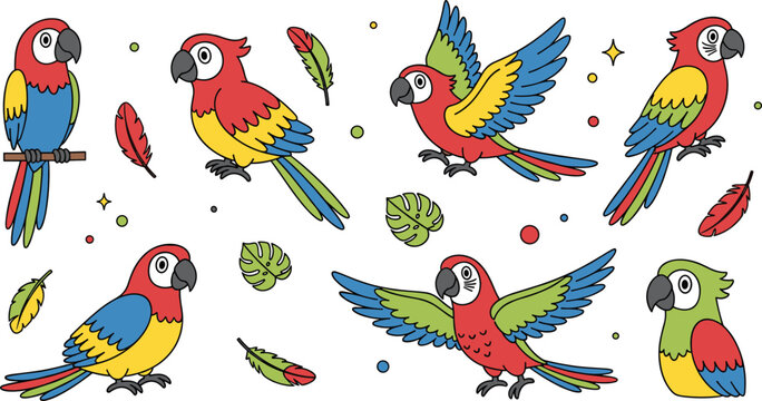 Colorful Parrot Characters in Various Poses, Flying, Perched, and with Feathers for Tropical, Wildlife, and Nature Designs