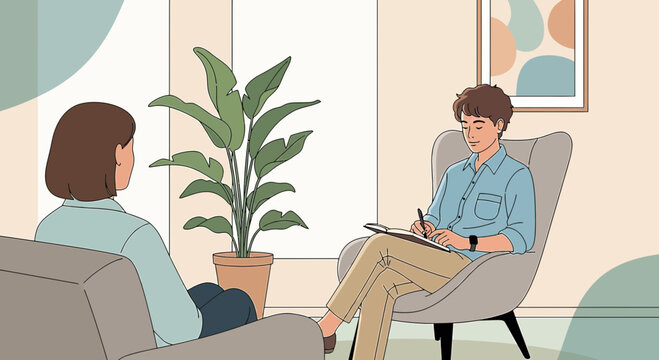 Therapist talking to patient in a calm office, mental health support, psychological consultation