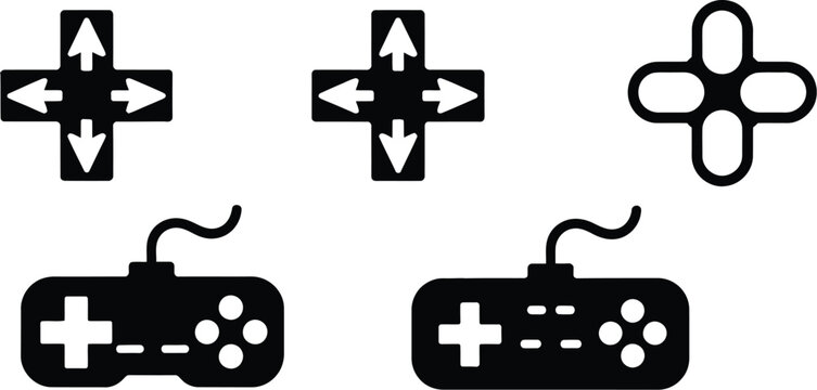 Black game controllers and directional pads in dark silhouette, gaming interface symbols