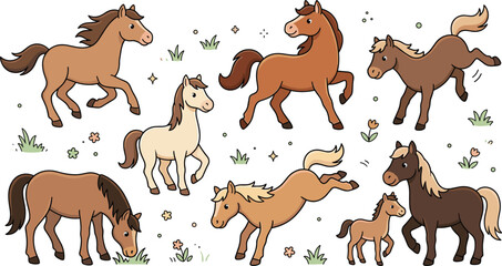 Fototapeta premium Cartoon Horses in Various Poses, Including Galloping, Running, and Grazing with Flowers and Grass for Farm, Animal, and Nature Designs