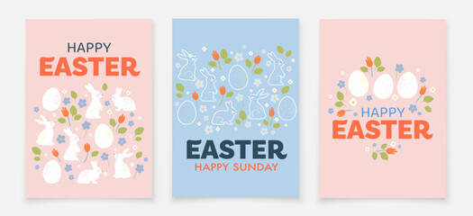 Obraz premium Easter holiday cards. Easter cards in soft colors with images of rabbits, Easter eggs and flowers. Happy Easter card.