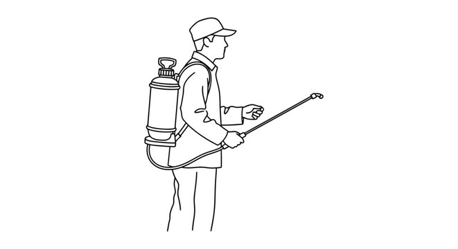 Man with backpack sprayer applying pesticide outdoors in a flat illustration isolated on white background