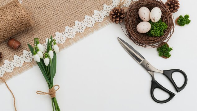 Natural crafting materials including snowdrop flowers twine burlap scissors and a nest with speckled eggs on white