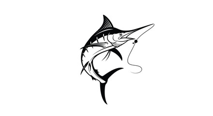 Naklejka premium Black swordfish jumping with hook and baitfish flat illustration isolated on white background