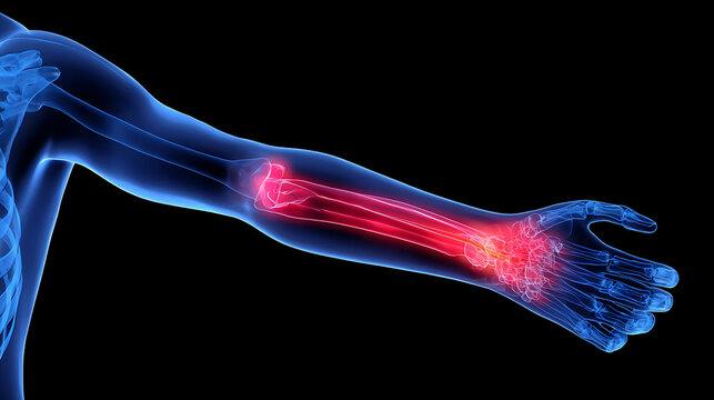 3D Render of Human Arm with Pain and Inflammation, Highlighting Wrist and Elbow Discomfort, Medical Illustration, Black Background