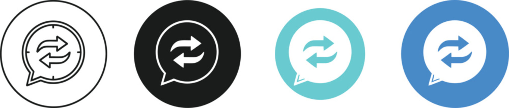 Set of chat bubbles with exchange and reverse arrows, transfer message and communication cycle icon set in four different styles.