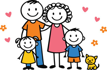 Fototapeta premium Happy Stick Figure Family of Four with Pet, Simple Childlike Drawing Style vector illustration 