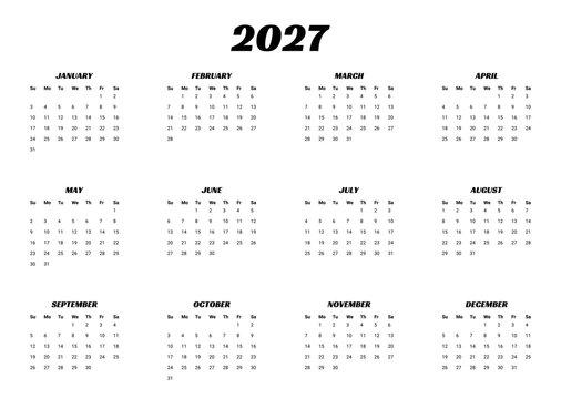 Minimalist 2027 Year Calendar Template, Clean Black and White Annual Planner Layout, Modern Simple Calendar Design