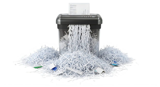 Paper shredder machine with shredded paper and trash on white transparent background