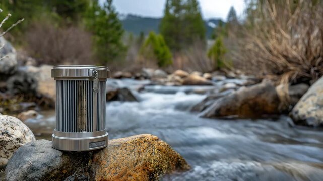 34Photorealistic titanium contaminant-isolating filter placed on wet stone beside stream, polished yet rugged metal finish, visible water beads, flowing stream background, cinematic