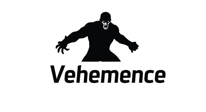 Black zombie silhouette logo with outstretched arms and the word Vehemence isolated on white background