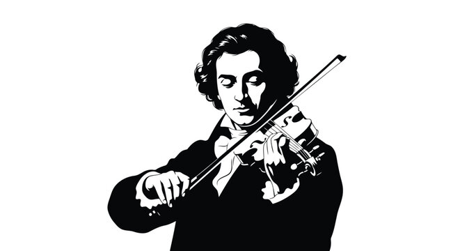 Beethoven silhouette playing violin with bow isolated on white background