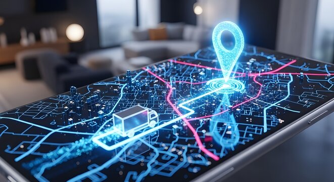 Futuristic 3D delivery tracking concept on a smartphone screen showing a digital city map, glowing GPS pin, and a moving truck.