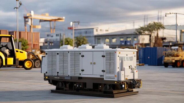 220Ultra-detailed diesel backup generator in an outdoor industrial yard, metallic body with vents and cooling fans, connected to heavy-duty power lines, industrial warehouses and mach
