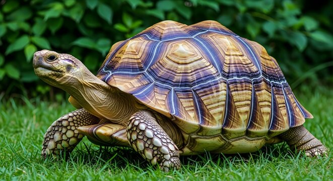 A vibrant tortoise standing on lush green grass with a colorful shell