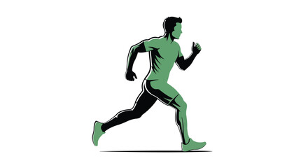 Fototapeta premium Green and black illustration of a man running in a minimalist flat design style isolated on white background
