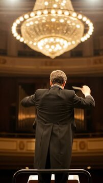 Professional Male Maestro Directing Classical Symphony Rehearsal in Historic Opera House
