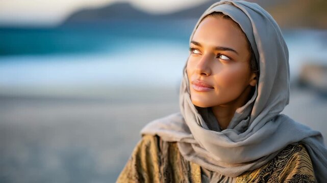232Photorealistic side profile of a woman in hijab with the sea behind her at sunset, golden-hour light illuminating her features, smooth sand and gentle waves blurred softly in backg