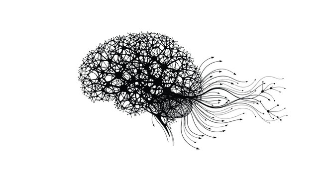 Abstract illustration depicting complex neural network activity and information flow from the brain structure