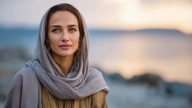 238Ultra-detailed cinematic shot of a woman in hijab facing the sea at sunset, soft backlighting outlining hijab folds, calm expression, horizon glowing in warm tones, reflective wate