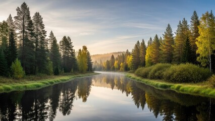 Obraz premium A serene river flowing through a forest with trees reflecting on the water
