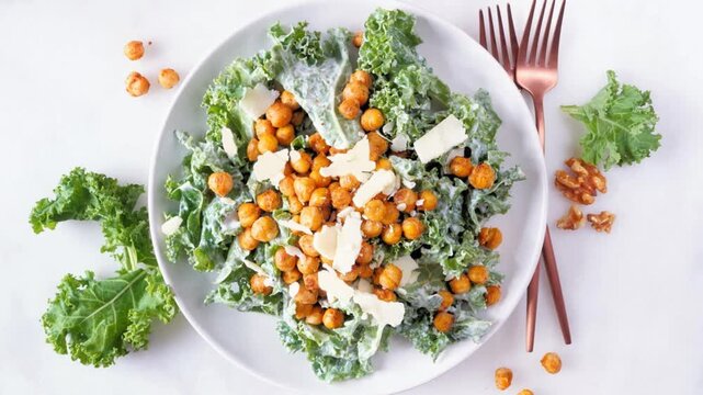 Vegetarian Caesar salad with chickpeas, kale and a yogurt dressing. Slow rotating zoom motion over a white marble background. Plant based food concept.