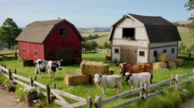 Detailed miniature rural landscape features red white barns hay bales grazing holstein cattle within fenced pasture set against vast blurred hills countryside background.
