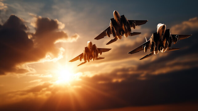 Impressive formation of three fighter jets flying toward radiant sunset, teamwork power and awe-inspiring natural color beauty concept, defocused cloud background, with copy space