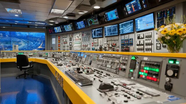 246Ultra-detailed wide-angle view of an industrial control room, yellow panels dominating foreground, green and red indicator lights active, switches, meters, and touchscreens visible
