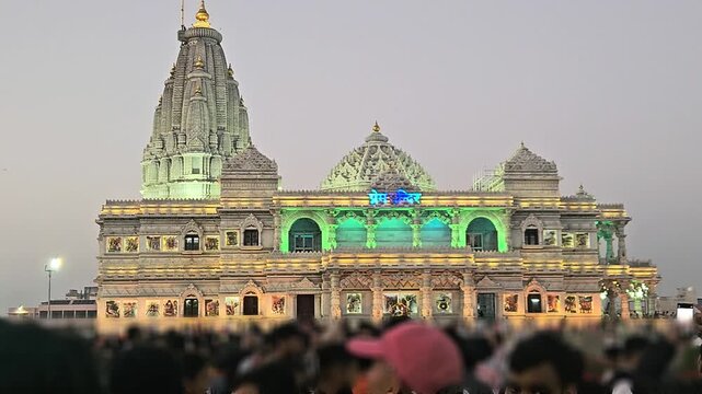 Prem Mandir Vrindavan Illuminated at Night, Radha Krishna Temple Spiritual India 4K